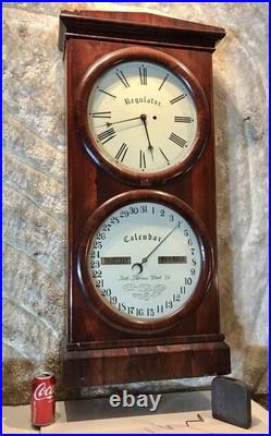 1860 Large Antique Seth Thomas Office Calendar Double Dial Clock, 1 Weight Driven
