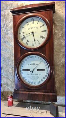1860 Large Antique Seth Thomas Office Calendar Double Dial Clock, 1 Weight Driven