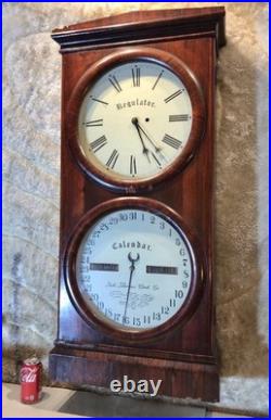1860 Large Antique Seth Thomas Office Calendar Double Dial Clock, 1 Weight Driven