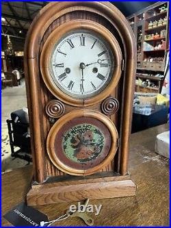 1860s Ingraham 8 And 1 Day Brass & Wood Clock With Federal Eagle Glass And Key
