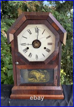1863 Seth Thomas OCTOGON ARCH TOP Rosewood Mantle Clock VIDEO CAT MOTIF DOOR