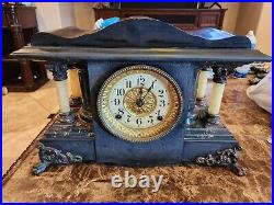 1880 Seth Thomas 4 Full Pillar Black Adamantine Shasta Mantle Clock WORKING WELL
