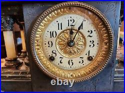 1880 Seth Thomas 4 Full Pillar Black Adamantine Shasta Mantle Clock WORKING WELL
