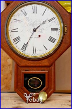 1909 Seth Thomas 12 Drop Octagon Schoolhouse Time Clock with Pendulum & Key