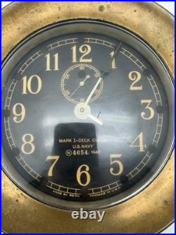 1940 WWII Seth Thomas U. S. Navy Mark I Deck Clock Brass Working with Key