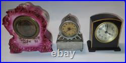 3 Small Antique Vanity Clocks Variety, Seth Thomas Gilbert & German Music Box