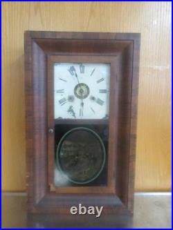 ANTIQUE SETH THOMAS OGEE WALL CLOCK With WEIGHTS PENDULUM & KEY PAINTED KIDS PLAY
