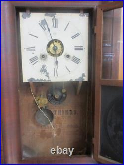 ANTIQUE SETH THOMAS OGEE WALL CLOCK With WEIGHTS PENDULUM & KEY PAINTED KIDS PLAY