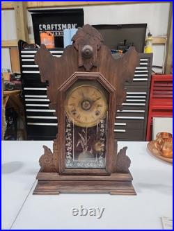 ANTIQUE VTG SETH THOMAS WOOD MANTLE CLOCK WORKS HAS KEY With Sun Pendent ANTIQUE VTG SETH THOMAS WOOD MANTLE CLOCK WORKS HAS KEY With Sun Pendent