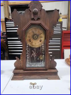 ANTIQUE VTG SETH THOMAS WOOD MANTLE CLOCK WORKS HAS KEY With Sun Pendent ANTIQUE VTG SETH THOMAS WOOD MANTLE CLOCK WORKS HAS KEY With Sun Pendent