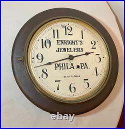 Antique 1800's Seth Thomas Jewelers wooden veneer wood advertisement wall clock Antique 1800's Seth Thomas Jewelers wooden veneer wood advertisement wall clock