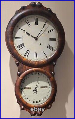 Antique 1870 SETH THOMAS Mahogany Rosewood Double Dial Calendar Wall Clock
