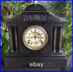 Antique 1880s Ansonia Black MARBLE Mantle Clock WORKS See Video SERVICED