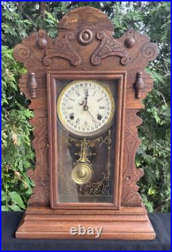 Antique 1880s Waterbury Gingerbread Mantle Calendar Clock RUNS VIDEO ORIGINAL Antique 1880s Waterbury Gingerbread Mantle Calendar Clock RUNS VIDEO ORIGINAL
