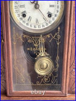 Antique 1880s Waterbury Gingerbread Mantle Calendar Clock RUNS VIDEO ORIGINAL Antique 1880s Waterbury Gingerbread Mantle Calendar Clock RUNS VIDEO ORIGINAL