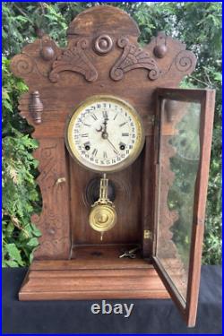 Antique 1880s Waterbury Gingerbread Mantle Calendar Clock RUNS VIDEO ORIGINAL Antique 1880s Waterbury Gingerbread Mantle Calendar Clock RUNS VIDEO ORIGINAL