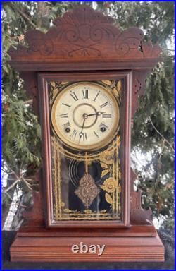 Antique 1880s Welch Gingerbread Parlor Mantle Clock RUNS VIDEO FLOWERED DOOR Antique 1880s Welch Gingerbread Parlor Mantle Clock RUNS VIDEO FLOWERED DOOR