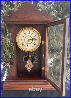 Antique 1880s Welch Gingerbread Parlor Mantle Clock RUNS VIDEO FLOWERED DOOR Antique 1880s Welch Gingerbread Parlor Mantle Clock RUNS VIDEO FLOWERED DOOR