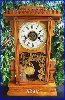 Antique 1886 Waterbury MALVERN Gingerbread Walnut Mantle Clock & ALARM VIDEO