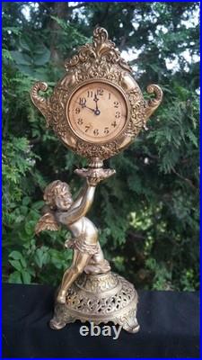 Antique 1890s 1910s Cast Iron Figural Novelty Mantle Clock SEE VIDEO Antique 1890s 1910s Cast Iron Figural Novelty Mantle Clock SEE VIDEO
