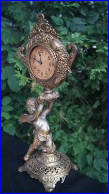 Antique 1890s 1910s Cast Iron Figural Novelty Mantle Clock SEE VIDEO Antique 1890s 1910s Cast Iron Figural Novelty Mantle Clock SEE VIDEO