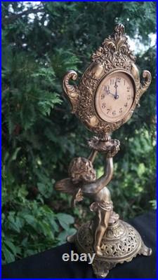 Antique 1890s 1910s Cast Iron Figural Novelty Mantle Clock SEE VIDEO Antique 1890s 1910s Cast Iron Figural Novelty Mantle Clock SEE VIDEO
