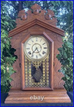 Antique 1890s Ingraham Dark Walnut Gingerbread Mantle Clock RUNS GOOD VIDEO