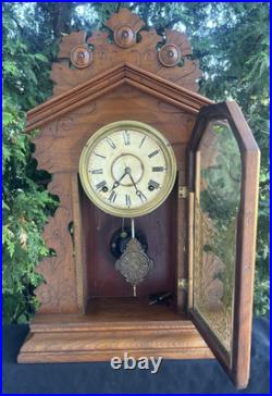 Antique 1890s Ingraham Dark Walnut Gingerbread Mantle Clock RUNS GOOD VIDEO