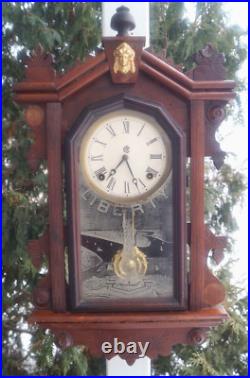 Antique 1892 Ingraham Gingerbread LIBERTY Wall Clock VIDEO RUNS