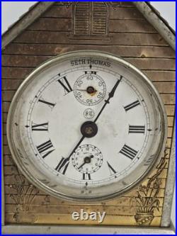 Antique 1892 SETH THOMAS'Lodge' Metal Figural Cottage Mechanical Alarm Clock Antique 1892 SETH THOMAS'Lodge' Metal Figural Cottage Mechanical Alarm Clock