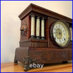 Antique 1905 Seth Thomas Mahogany Adamantine Wood Mantel Clock Celluloid Pillars