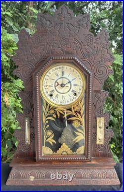 Antique 1908 Gilbert CONCORD Gingerbread Calendar Mantle Clock ALL ORIGINAL