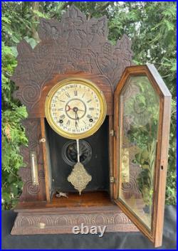 Antique 1908 Gilbert CONCORD Gingerbread Calendar Mantle Clock ALL ORIGINAL