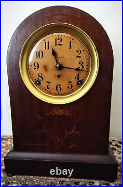 Antique 1915 Seth Thomas Mantle Brass 89AD Clock 12.5 Inlaid Mahogany Vintage