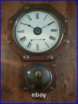 Antique 19th Century Solid Oak Octagonal Drop Dial Seth Thomas Wall Clock