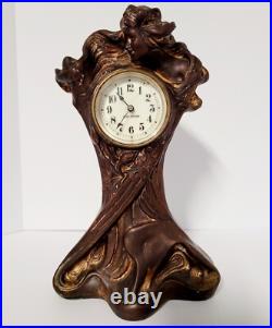 Antique Art Nouveau Bronze Lady Clock By Seth Thomas #c1