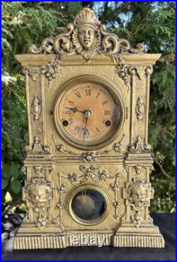 Antique C 1860 American Clock Co LION HEAD Iron Front Mantle Clock SEE VIDEO