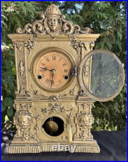 Antique C 1860 American Clock Co LION HEAD Iron Front Mantle Clock SEE VIDEO