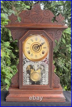 Antique C 1890 Gilbert HYENA Gingerbread Mantle Parlor Alarm Clock Runs VIDEO