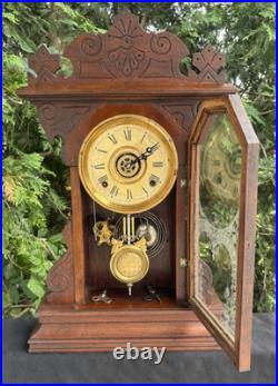 Antique C 1890 Gilbert HYENA Gingerbread Mantle Parlor Alarm Clock Runs VIDEO