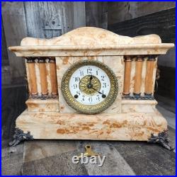 Antique Faux Marble Mantel Clock 6 Pillars Seth Thomas Style WORKING WITH KEY
