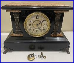 Antique Genuine Seth Thomas Mantle Adamantine Ebony Gong Chime Clock Lion Heads