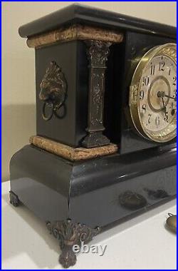 Antique Genuine Seth Thomas Mantle Adamantine Ebony Gong Chime Clock Lion Heads