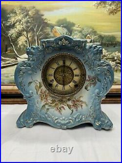 Antique Gilbert No. 411 Porcelain Blue Mantle Clock Chimes