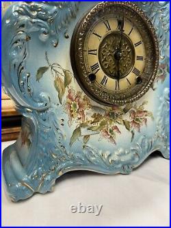 Antique Gilbert No. 411 Porcelain Blue Mantle Clock Chimes