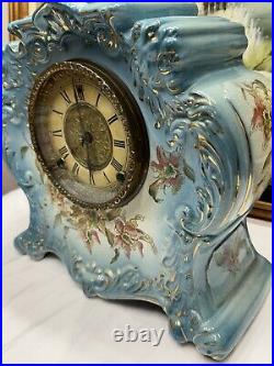 Antique Gilbert No. 411 Porcelain Blue Mantle Clock Chimes