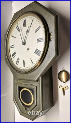 Antique Seth Thomas 24 Schoolhouse Clock Late 1800s Connecticut Painted Green