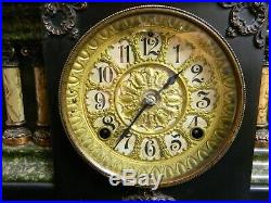 Antique Seth Thomas 4 Column Faux Green Marble Adamantine Mantle Clock Very Good