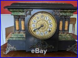 Antique Seth Thomas 4 Column Green Black Adamantine Mantle Clock RARE 1900
