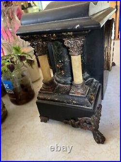Antique Seth Thomas 4 Full Pillar Black Marbled Adamantine Shasta Mantle Clock